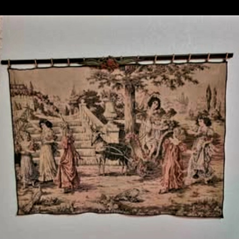 Vintage Very Old Italian Scenic Tapestry Wall Hanging in Beige and Rose.